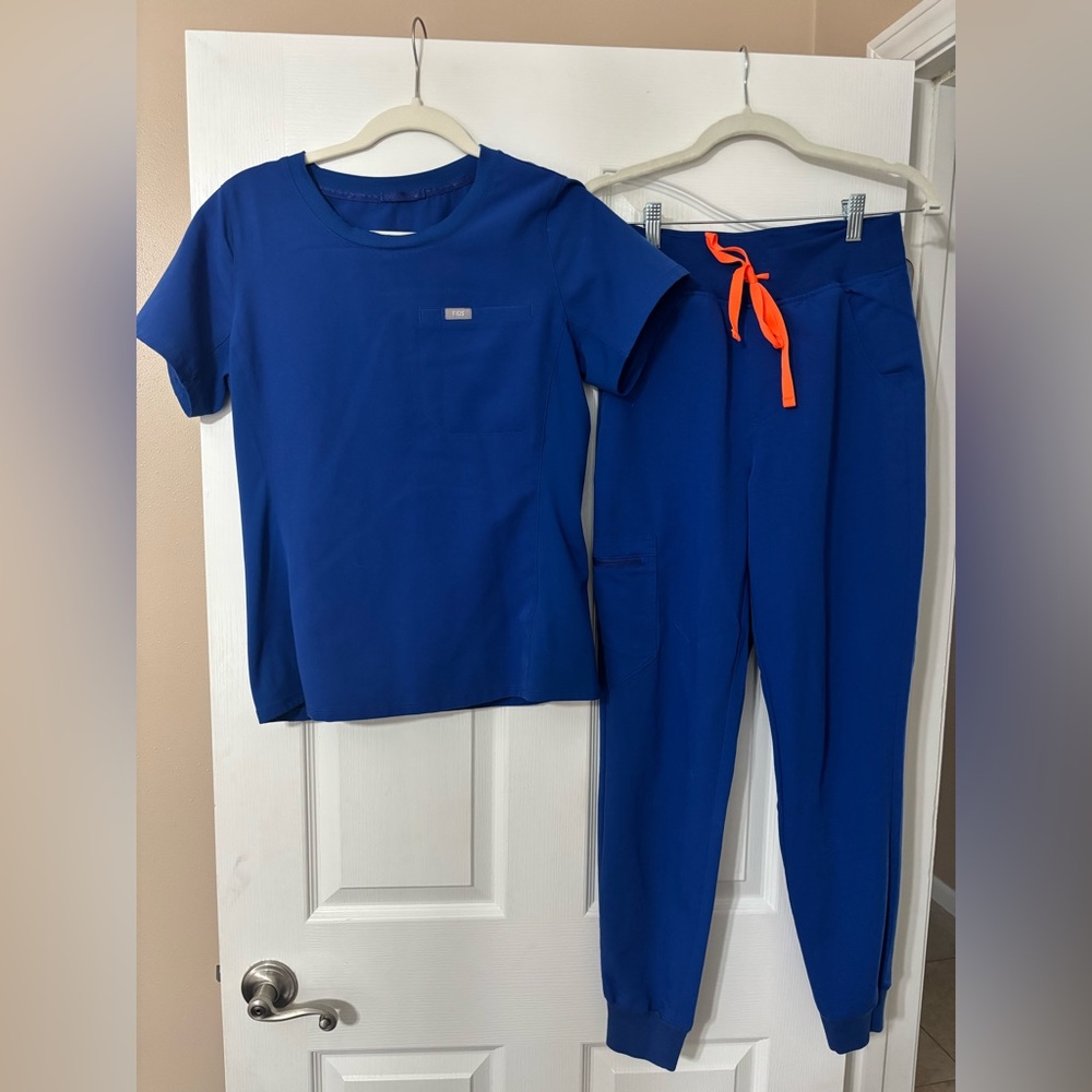 Royal Blue Women's Scrub Set with Orange Drawstring by Figs